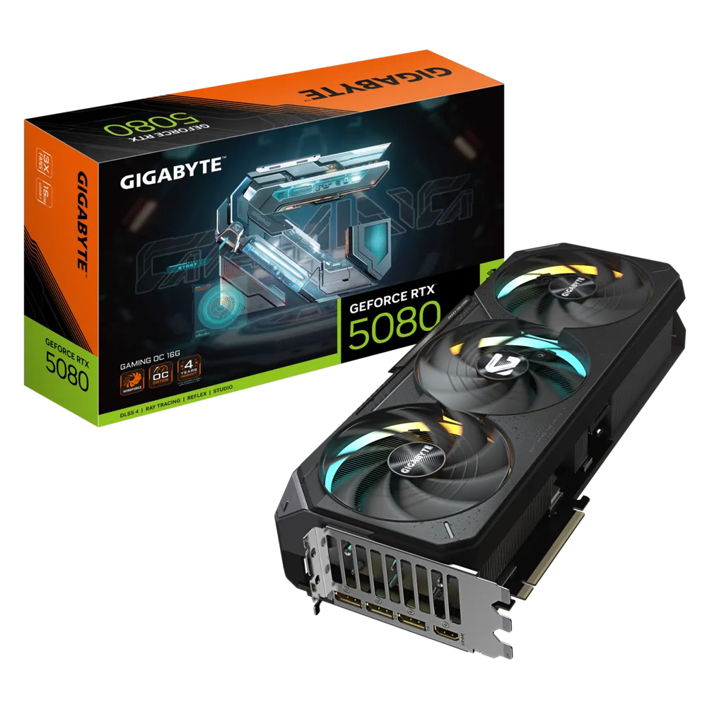 Gigabyte RTX 5080 Gaming OC 16G – 16 GB GDDR7. PCIe 5.0. 2730 MHz Boost. WINDFORCE Triple-Fan. Dual BIOS