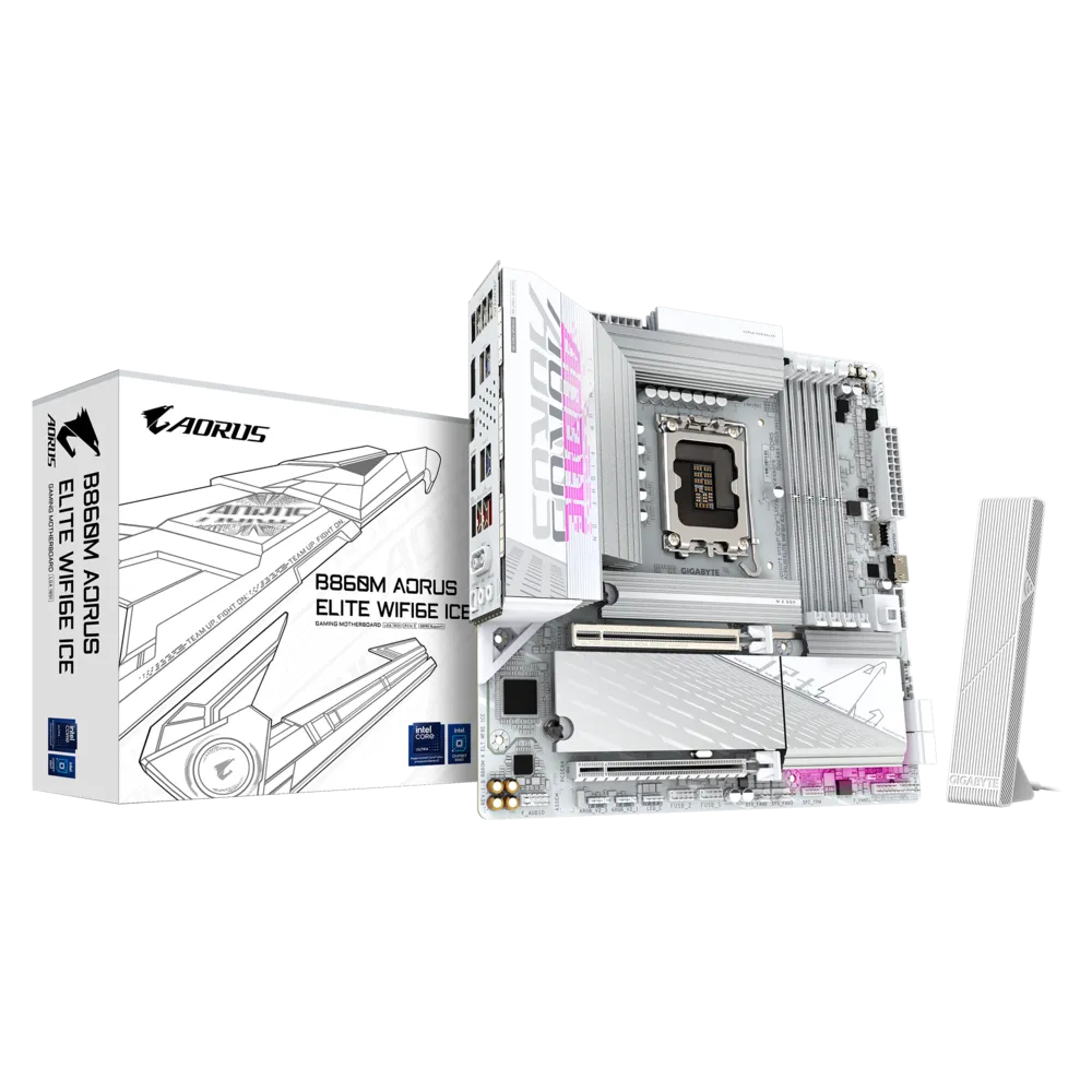 GIGABYTE B860M AORUS ELITE WIFI6E ICE mATX Motherboard – Intel B860. LGA 1851. DDR5. 3× M.2 (1× PCIe 5.0). Wi-Fi 6E. USB4 Type-C