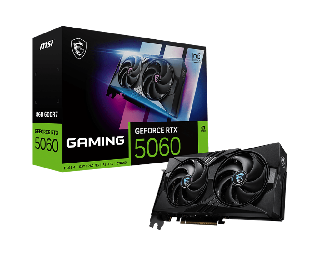 MSI GeForce RTX 5060 8G GAMING OC – NVIDIA Blackwell. 8GB GDDR7. 3840 CUDA Cores. 2640 MHz Boost. HDMI 2.1b. DisplayPort 2.1b. PCIe 5.0 x8