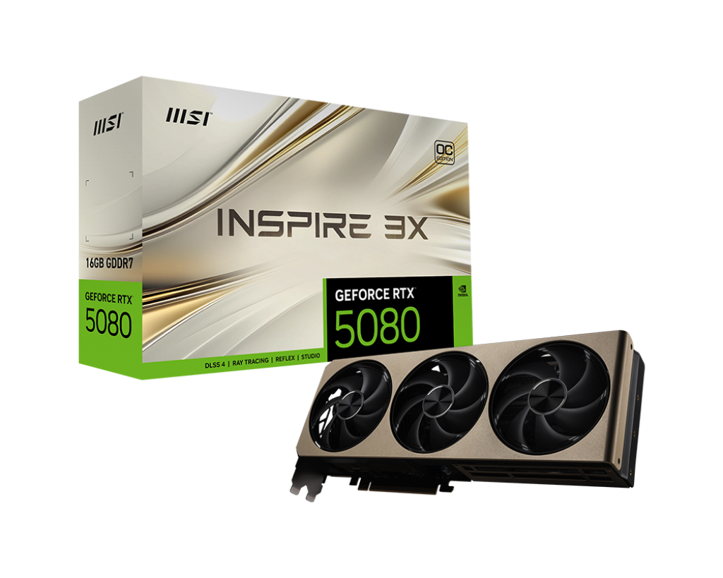 MSI GeForce RTX 5080 INSPIRE 3X OC – 16 GB GDDR7. 10752 CUDA. Triple StormForce Fans. PCIe 5.0. 360W TGP