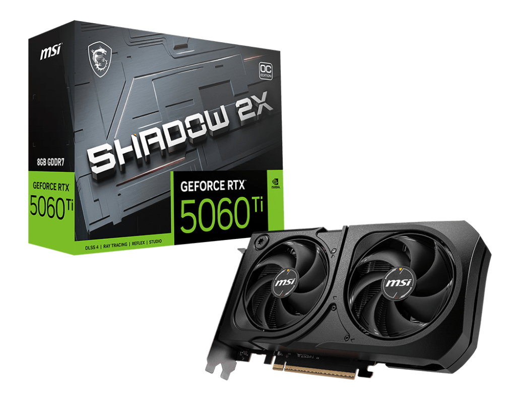MSI GeForce RTX 5060 Ti 8G SHADOW 2X OC PLUS – NVIDIA Blackwell. 8GB GDDR7. 4608 CUDA Cores. 2617 MHz Boost. HDMI 2.1b. DisplayPort 2.1b. PCIe 5.0