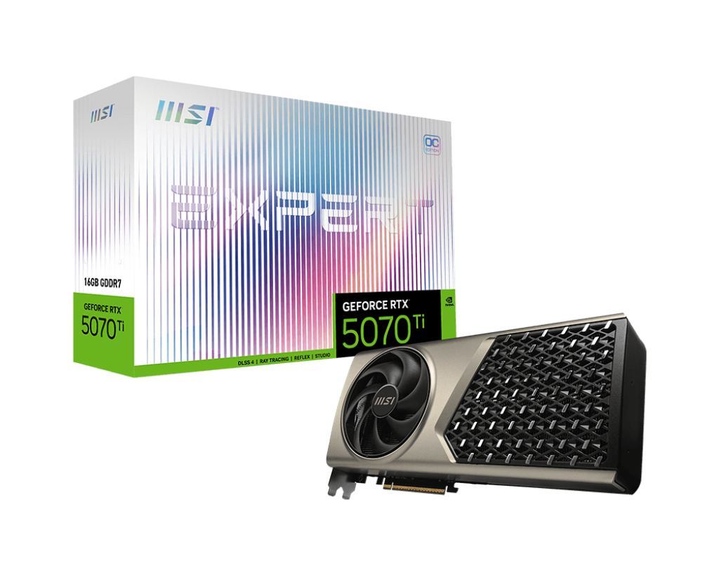 MSI GeForce RTX 5070 Ti 16 GB EXPERT OC – NVIDIA Blackwell. 8960 CUDA Cores. 2655 MHz Boost. 30 Gbps GDDR7. PCIe 5.0. Dual-Fan Cooling