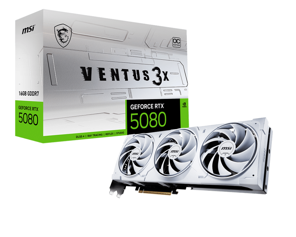 MSI RTX 5080 16G VENTUS 3X OC WHITE – 16 GB GDDR7. PCIe 5.0. Triple-Fan Design. 303 mm Card. DisplayPort 2.1b + HDMI 2.1b