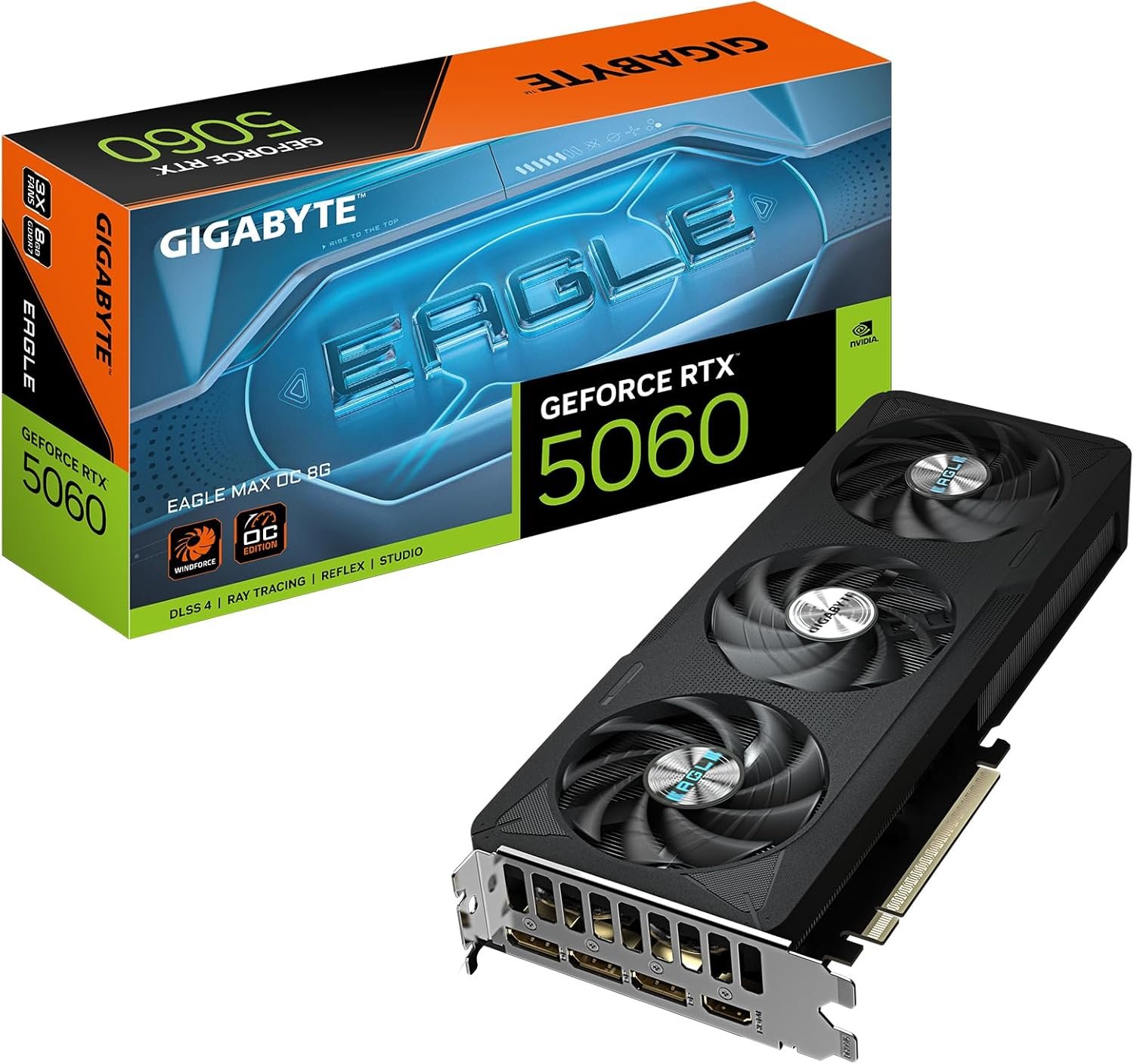 GIGABYTE GeForce RTX 5060 EAGLE MAX OC 8GD – 8 GB GDDR7. 128-bit. PCIe 5.0. 2550 MHz Boost. WINDFORCE Cooling. DisplayPort 2.1b×3 & HDMI 2.1b